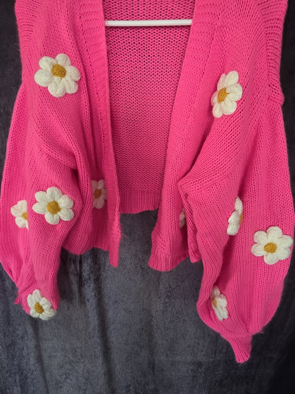 Bright Pink Daisy Appliqué Knit Cardigan